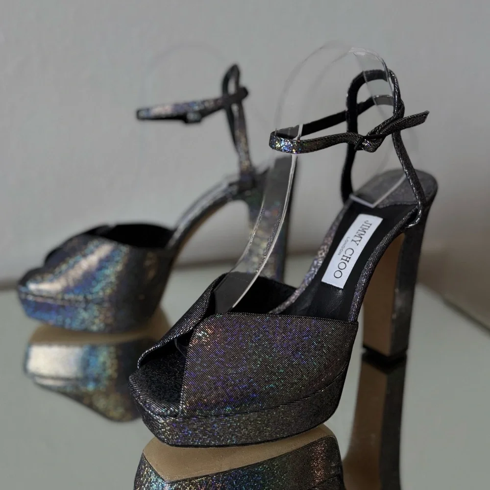 New JIMMY CHOO Sacaria Glitter Platform Sandal $925 40